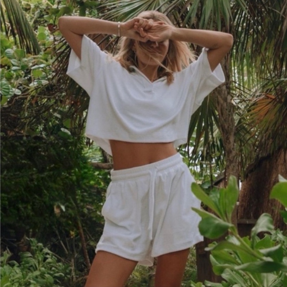 Daily Drills White Terry set Cropped Tee and Drawstring Shorts Set